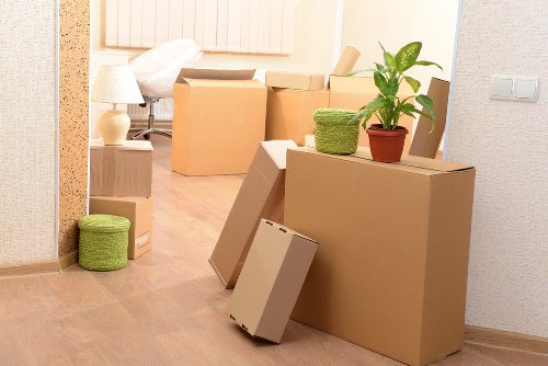 Packed household boxes ready for transport during a Hanwell house move