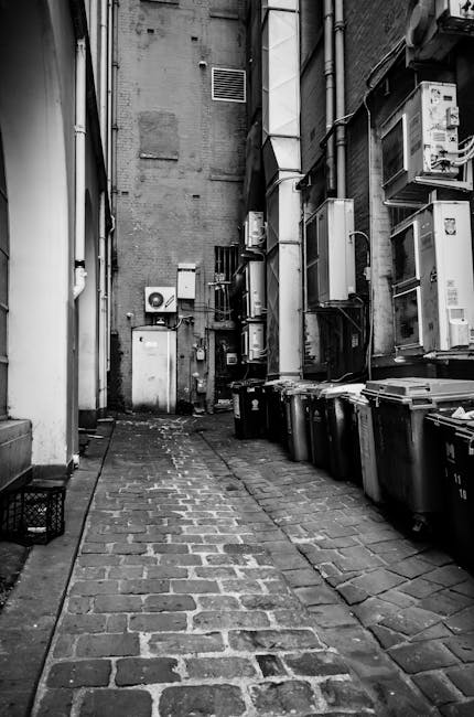 A narrow cobbled alleyway between two buildings, featuring brick paving and various external utility boxes, air conditioning units, and electrical wiring attached to the walls. On the right side, there are several large black wheelie bins lined up along the pavement, and an open doorway partially visible on the left. The environment appears to be part of an urban residential or commercial property, with limited natural light and a utilitarian atmosphere. This setting is representative of tight urban spaces often encountered during house removals or furniture transport in locations such as Hanwell, where navigating narrow streets and stairs is typical. Man with Van Hanwell’s removal services may utilize this area for loading or unloading furniture and boxes as part of a home relocation process involving careful stair and street access.