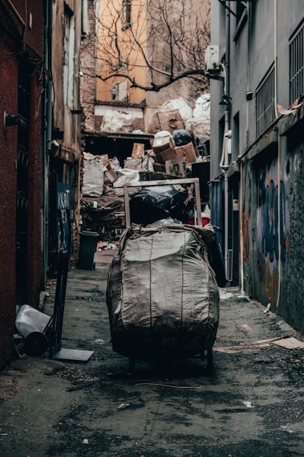 A narrow urban alleyway with a dark, worn asphalt surface, cluttered with discarded waste, cardboard boxes, and plastic bags piled against the rear wall of a building at the end of the alley. On the left side, there is a large, wheeled bag filled with belongings, positioned near the edge of the alley. To the right, a grey, metal door with a handle is visible on a building with graffiti on its wall, and an adjacent fire escape or metal staircase is partially seen. Overhead, leafless tree branches extend across the scene, indicating a cold season, and soft daylight illuminates the area. The setting suggests a typical urban environment where furniture and other items are being prepared for removal, aligning with home relocation or waste clearance services provided by Man with Van Hanwell as part of their house removals and furniture transport services.