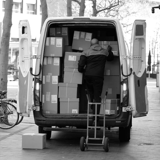 A man wearing a dark jacket and trousers is standing inside the open rear doors of a large white delivery van, which is parked on a paved street. The man is facing away from the camera, organizing or loading cardboard boxes of various sizes into the van's cargo space. The boxes are wrapped with labels and are stacked neatly, with some placed on a hand trolley positioned directly in front of the van, ready for transport or unloading. To the left of the van, a bicycle is partially visible, parked beside the paved area. The scene takes place during daytime, with trees and buildings visible in the background, suggesting an urban environment suitable for home relocation or furniture transport. The lighting appears natural, and the focus is on the process of packing or unpacking belongings as part of a professional moving service, such as that provided by Man with Van Hanwell, supporting efficient packing and loading in household removals.